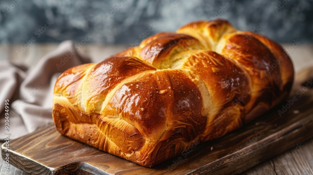 A perfectly golden loaf of brioche on a wooden board, ready to be served A perfectly golden loaf of brioche on a wooden board, ready to be served