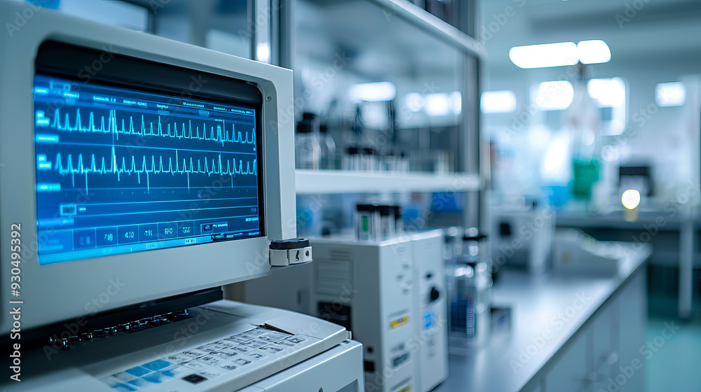 High-tech medical monitor displaying vital signs in a laboratory environment, showcasing healthcare technology and patient monitoring. High-tech medical monitor displaying vital signs in a laboratory environment, showcasing healthcare technology and patient monitoring.