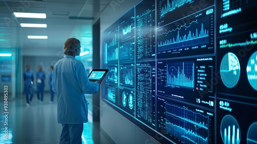 Healthcare professional monitors advanced data analytics on a digital display in a modern hospital environment. photo