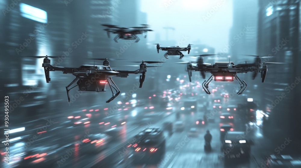 Multiple drones navigating through a busy airspace to execute a coordinated delivery mission. Multiple drones navigating through a busy airspace to execute a coordinated delivery mission.