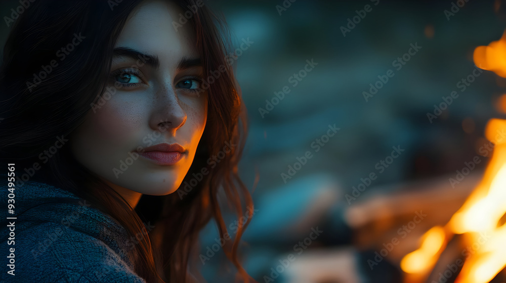 Woman with Blue Eyes and Freckles Gazes into the Fire,  Portrait of a Mysterious and Intriguing Beauty,  Captivating and Ethereal Photography