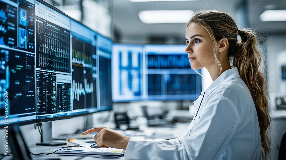 Naklejka premium Scientist analyzing data on multiple screens in a modern laboratory. Focus on technology and research advancement.