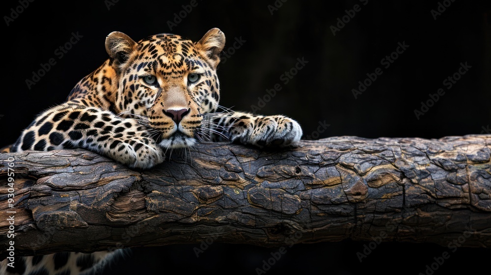 Fototapeta premium Majestic leopard resting on wooden log. black background
