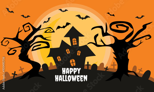Halloween Holiday banner,silhouette haunted castle,bats.tree with orange background vector illustration.
