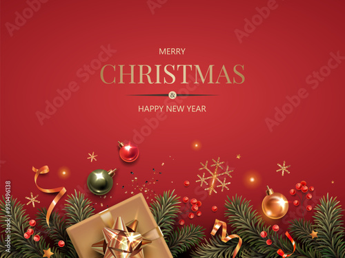 Horizontal banner with gold and green Christmas symbols and text. Christmas tree, balls, golden tinsel confetti and snowflakes on a red background.
