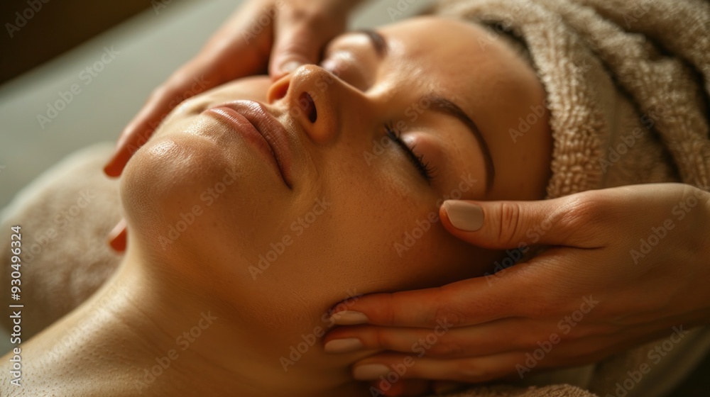 A woman enjoys a soothing facial massage, her eyes are closed, with hands applying gentle pressure in a calming environment A woman enjoys a soothing facial massage, her eyes are closed, with hands applying gentle pressure in a calming environment