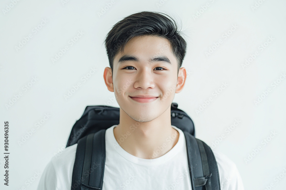 Asian teenage student carrying school bag on white background, student happy back to school Asian teenage student carrying school bag on white background, student happy back to school