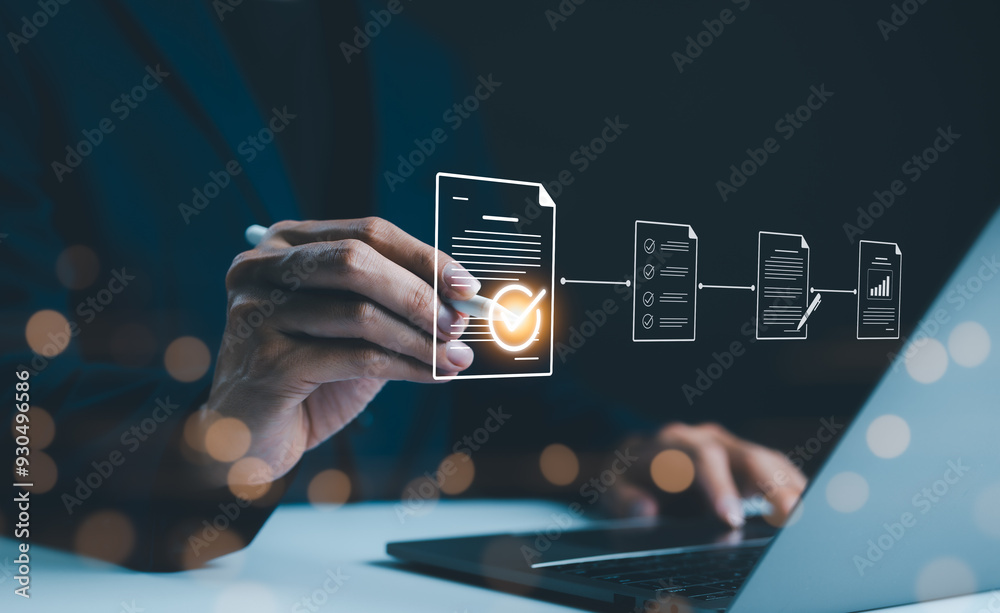 © Supatman - Document Review and Quality Control Process. businessman using laptop, document review and quality control process with digital icons checklist verification, approval, and performance tracking. QC,ISO