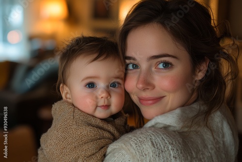 Young mother holding her baby close, both of them smiling with affection