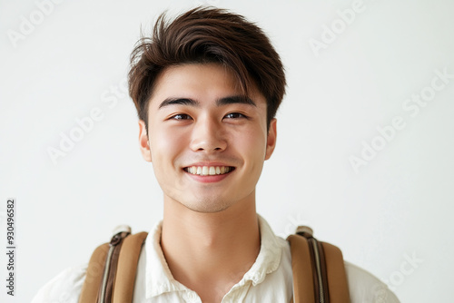 Asian teenage student carrying school bag on white background, student happy back to school