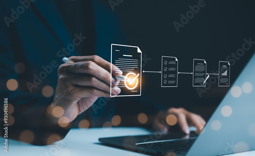 Document Review and Quality Control Process. businessman using laptop, document review and quality control process with digital icons checklist verification, approval, and performance tracking. QC,ISO