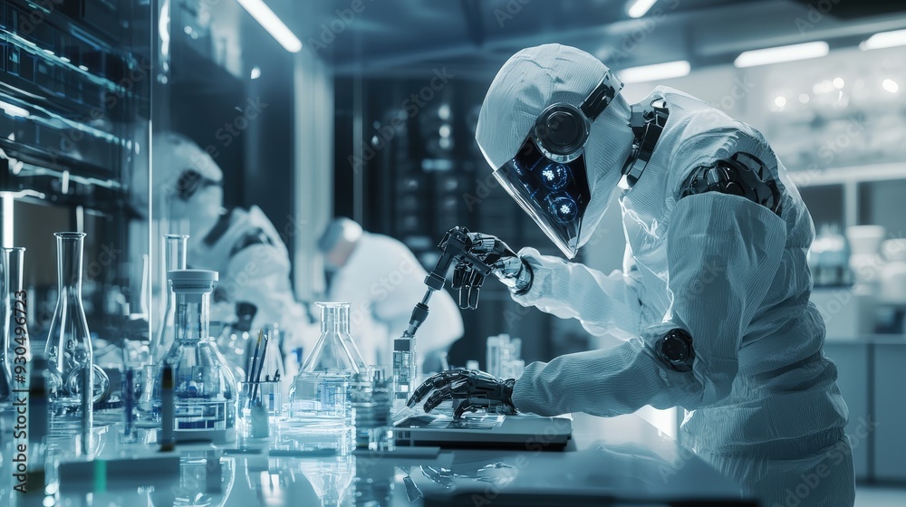 A humanoid AGI is meticulously working with glassware and instruments in a high-tech laboratory, focused on its scientific tasks A humanoid AGI is meticulously working with glassware and instruments in a high-tech laboratory, focused on its scientific tasks