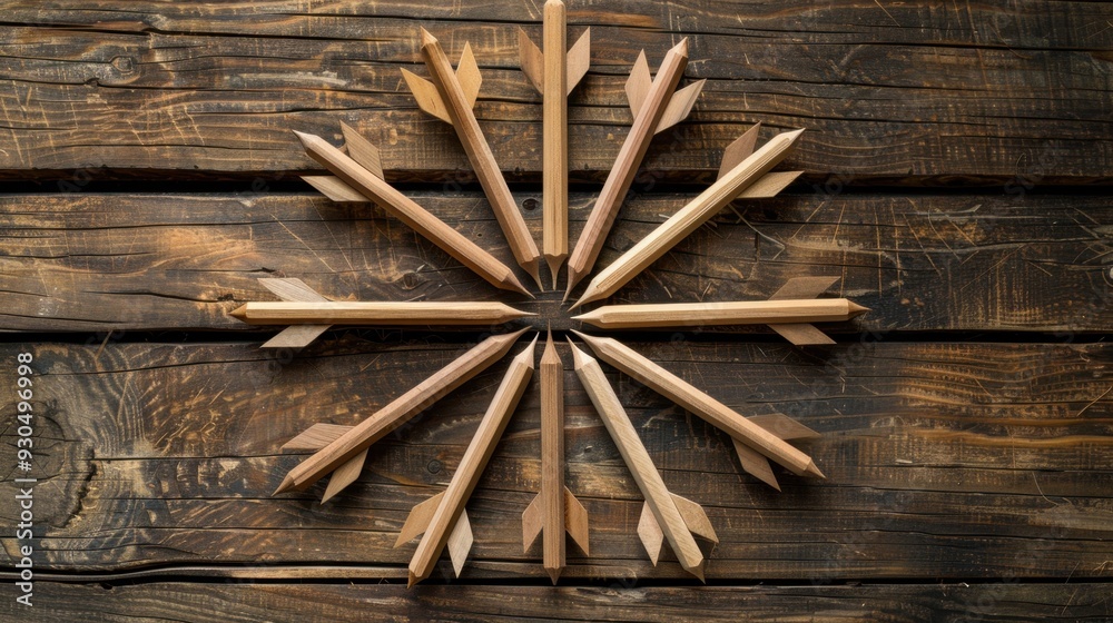 A set of arrows arranged in a star pattern on a wooden table, showing different directions