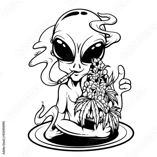 Alien Weed | Weed Life | Alien | Alien Smoking Joint | Marijuana Leaf | Kush Life | Alien Smoking Weed | 420 Cannabis | Original Illustration | Vector and Clipart | Cutfile and Stencil