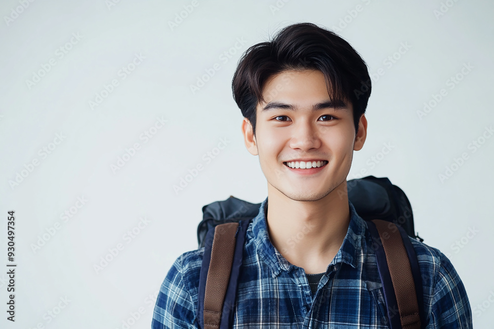 Asian teenage student carrying school bag on white background, student happy back to school Asian teenage student carrying school bag on white background, student happy back to school