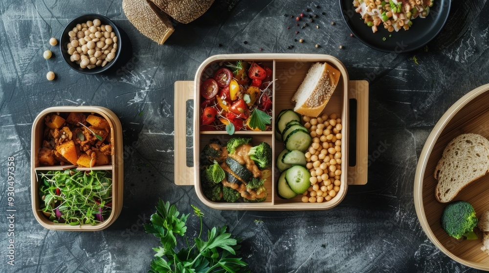 A set of eco-friendly bamboo lunch boxes filled with a healthy meal, ready to go A set of eco-friendly bamboo lunch boxes filled with a healthy meal, ready to go
