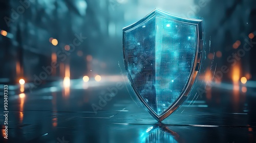 futuristic virtual shield with a sleek design and digital textures, set against a neutral background, offering space for inserting information about cybersecurity products or services