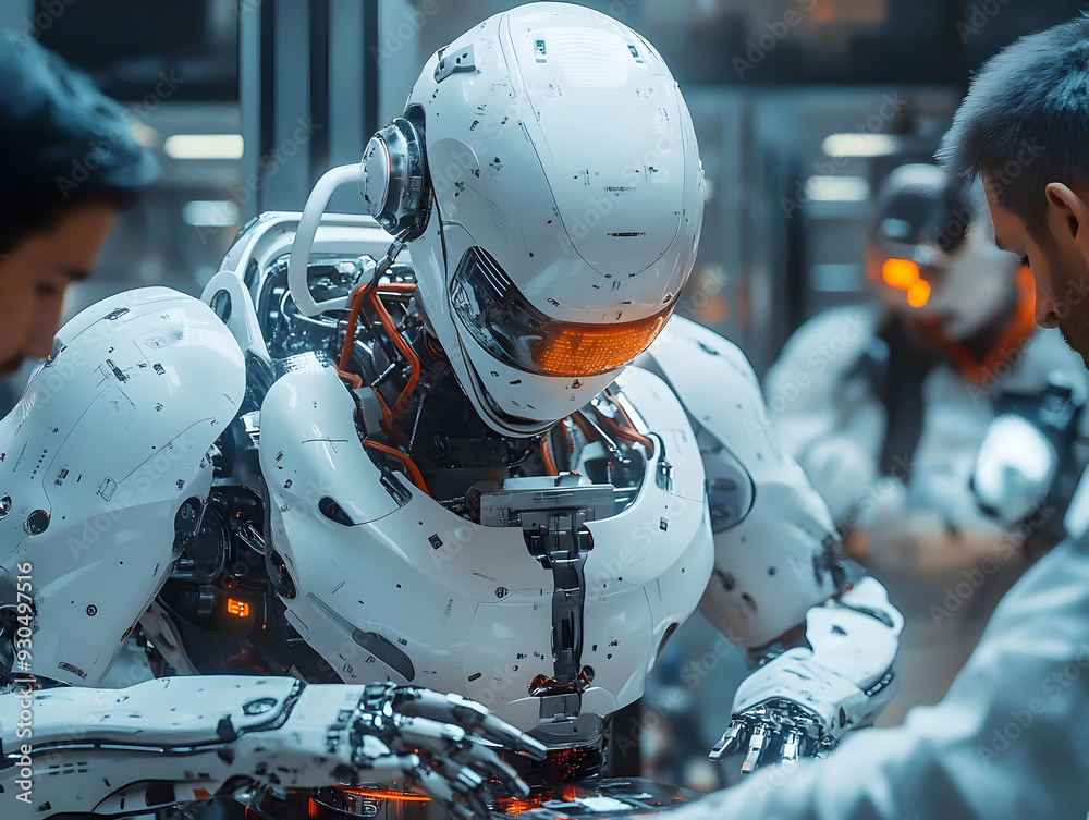 Advanced Robotics: Futuristic White Robot with Complex Mechanical Design and Humanoid Features in a High-Tech Laboratory Advanced Robotics: Futuristic White Robot with Complex Mechanical Design and Humanoid Features in a High-Tech Laboratory