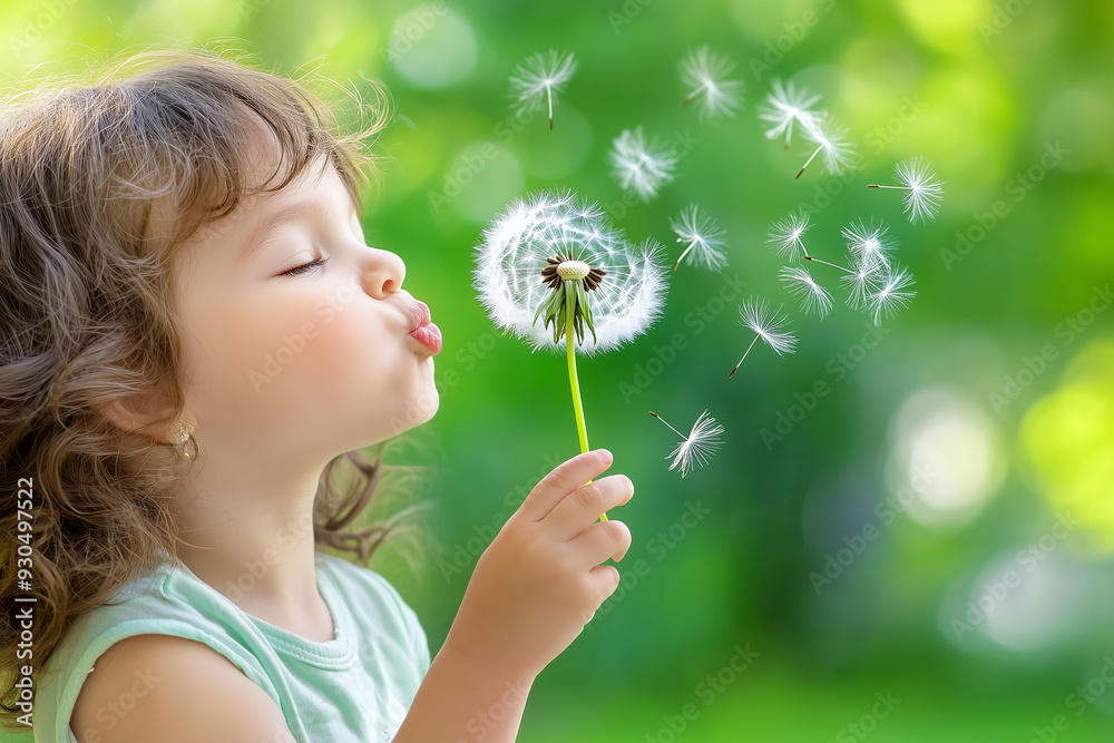 A child blowing dandelion seeds, with a look of wonder and happiness A child blowing dandelion seeds, with a look of wonder and happiness