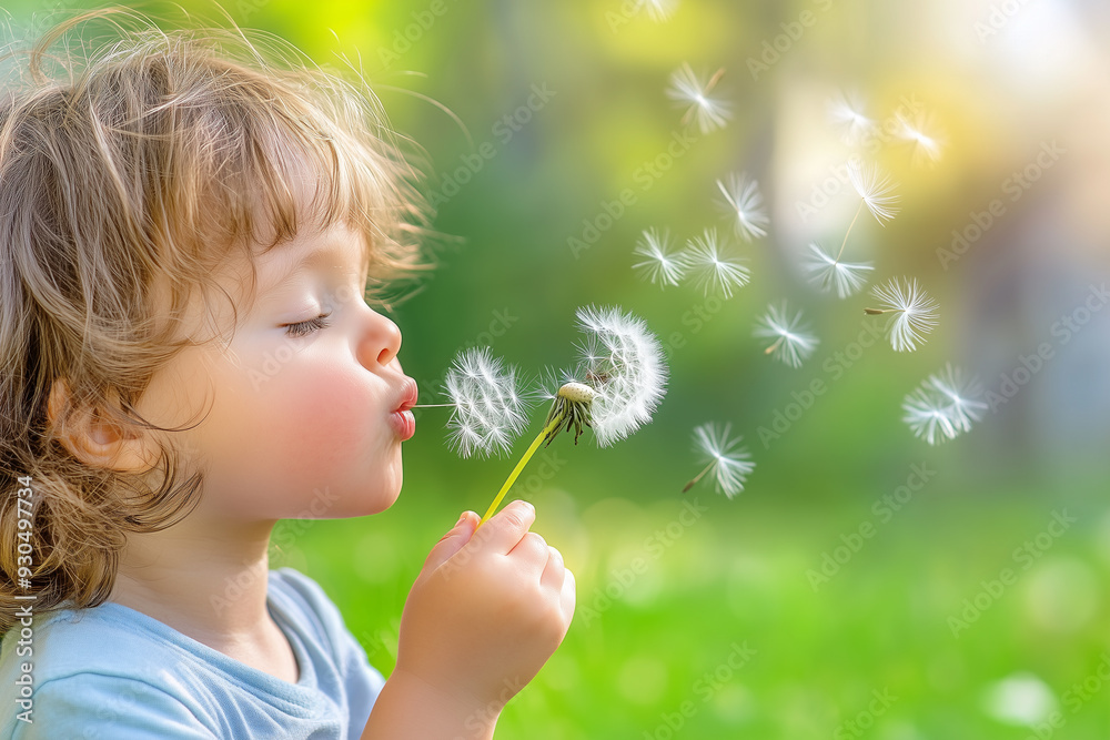 A child blowing dandelion seeds, with a look of wonder and happiness A child blowing dandelion seeds, with a look of wonder and happiness