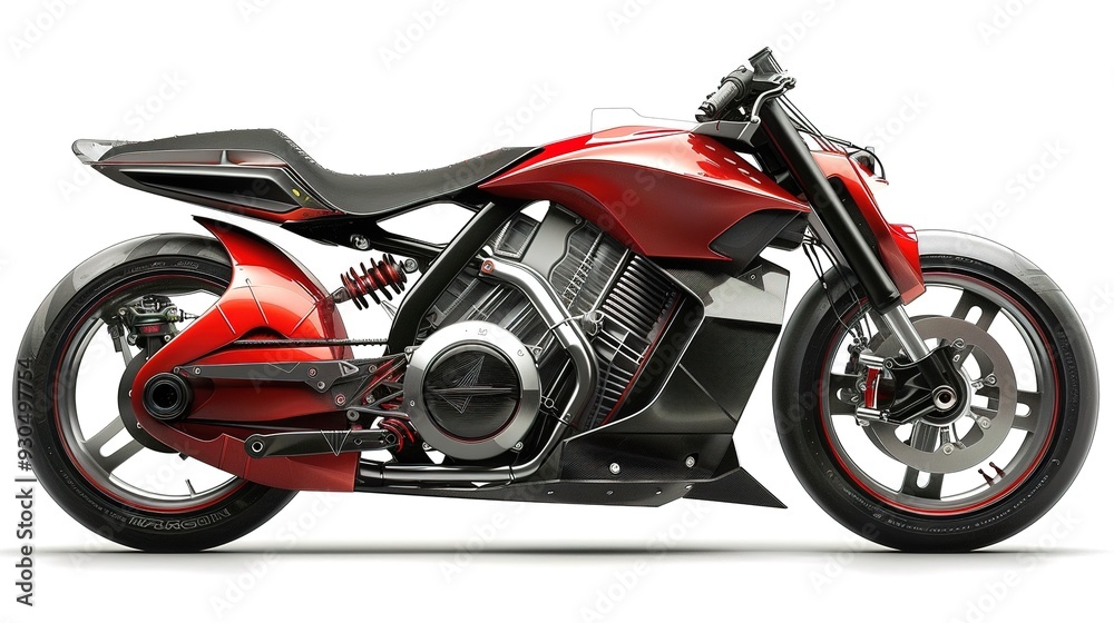 Red and black futuristic motorcycle on white background.