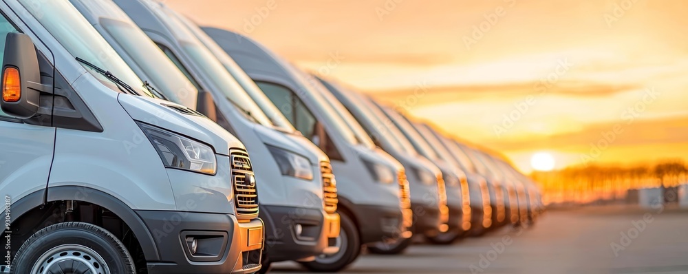 © Cheewynn - Fleet of logistic vans lined up against a vibrant sunset sky, creating a serene yet powerful scene, detailed and atmospheric © Cheewynn - Fleet of logistic vans lined up against a vibrant sunset sky, creating a serene yet powerful scene, detailed and atmospheric