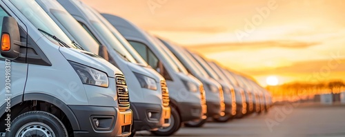 Fleet of logistic vans lined up against a vibrant sunset sky, creating a serene yet powerful scene, detailed and atmospheric