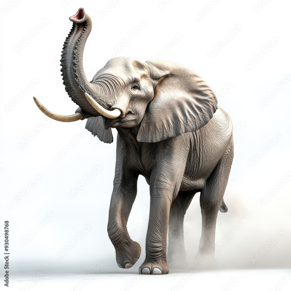 Fototapeta premium A majestic elephant with a raised trunk, symbolizing strength and grace, moves gracefully through a misty landscape.