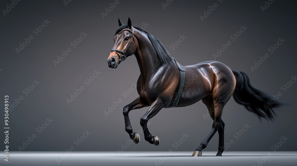 A majestic horse elegantly trotting against a neutral background, showcasing beauty and grace in motion.