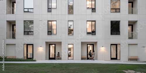 Young Adults from Diverse Backgrounds Socializing Outside Modern Student Housing Building in the Evening with Warm, Inviting Lighting