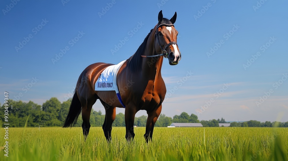 A majestic horse stands gracefully in a vibrant green field under a clear blue sky, showcasing its strength and elegance. A majestic horse stands gracefully in a vibrant green field under a clear blue sky, showcasing its strength and elegance.
