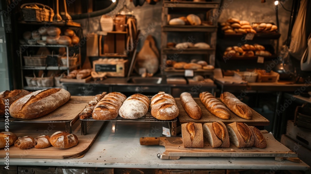 A traditional bakery with bread loaves cooling on a rack, fresh out of the oven A traditional bakery with bread loaves cooling on a rack, fresh out of the oven