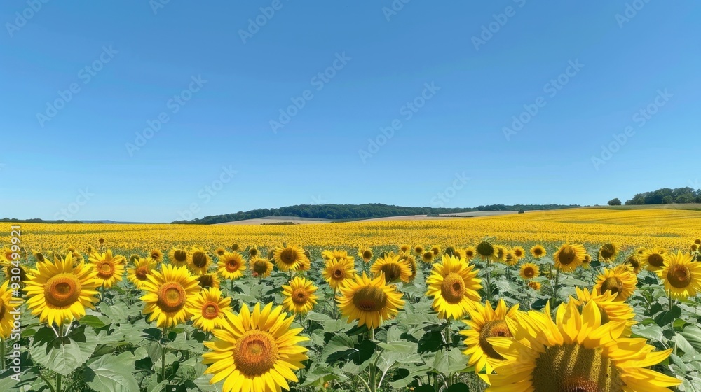Fototapeta premium A vibrant field of yellow sunflowers under a clear blue sky, stretching towards the horizon