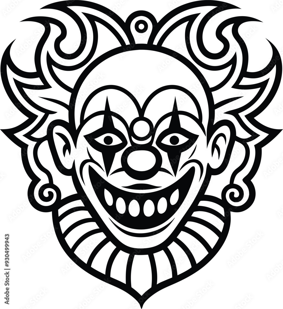 clown modern tribal tattoo illustration black and white