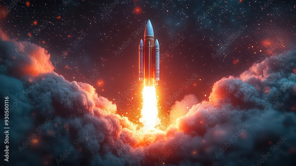 Fototapeta premium sleek animation of a rocket taking off in a virtual setting, with vibrant colors and motion trails, perfect for illustrating the excitement and complexity of space travel
