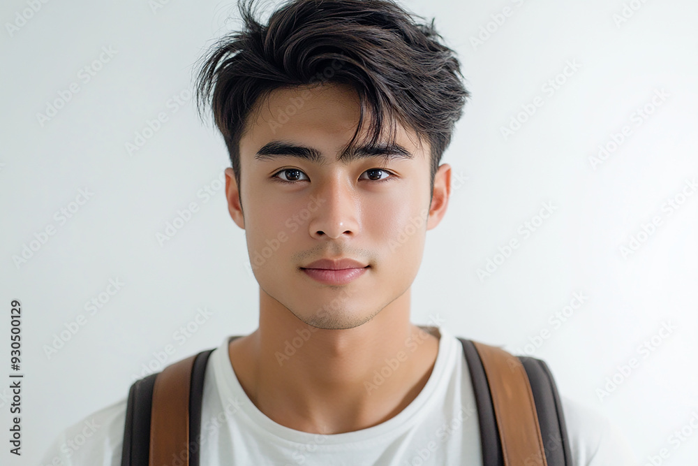 Asian teenage student carrying school bag on white background, student happy back to school Asian teenage student carrying school bag on white background, student happy back to school
