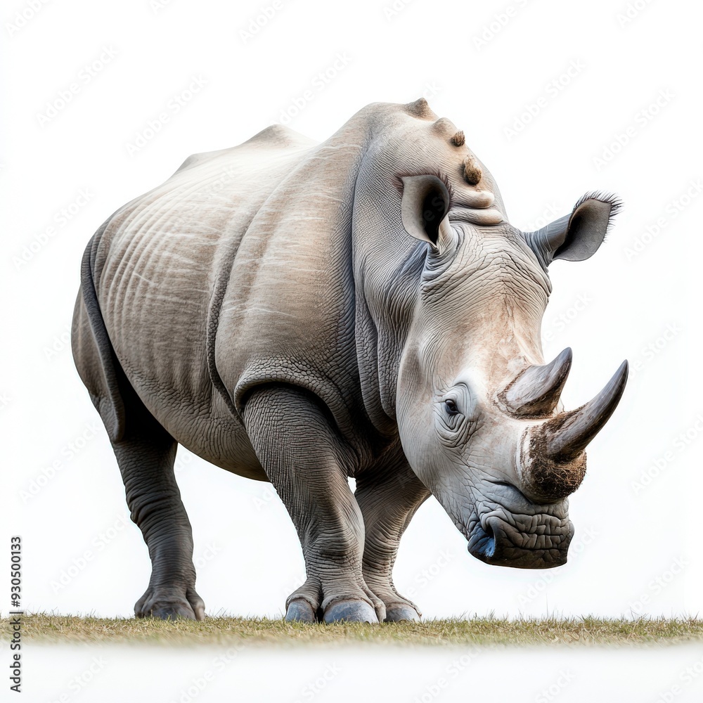 Fototapeta premium A majestic rhinoceros stands confidently, showcasing its impressive body and unique horn against a minimalist backdrop.