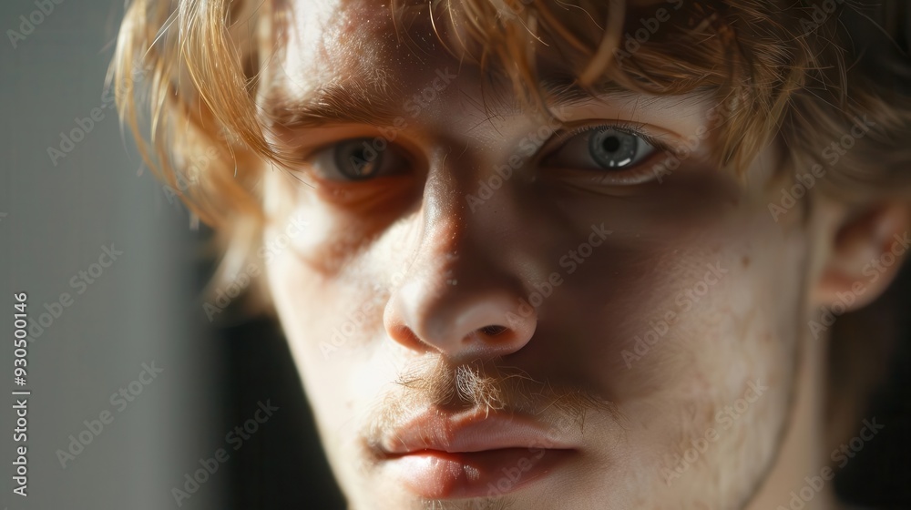Close-up of a thoughtful young man with light brown hair and blue eyes, illuminated by natural light, evoking deep contemplation.