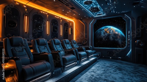 home cinema with a specific theme, such as a sci-fi or superhero decor, complete with themed seating and wall art to enhance the movie-watching experience photo