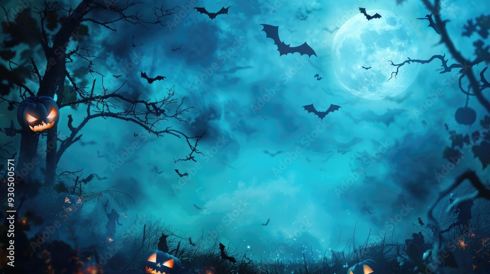 Fototapeta premium Eerie Halloween night scene with glowing pumpkins, flying bats, and a full moon.
