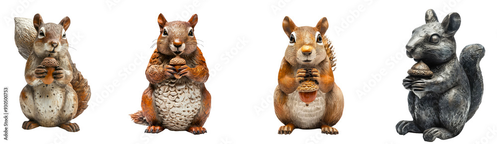 Set of A squirrel statue holding an acorn isolated on transparent background. Set of A squirrel statue holding an acorn isolated on transparent background.
