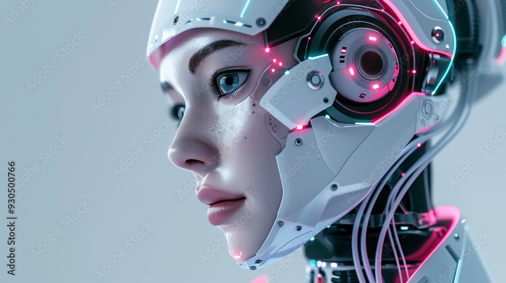 Close-up of a futuristic cyborg's face with glowing lights