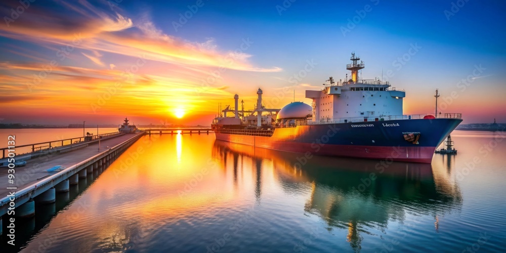 Gas carrier ship docked at the harbor during sunrise with a beautiful sky in the background Gas carrier ship docked at the harbor during sunrise with a beautiful sky in the background
