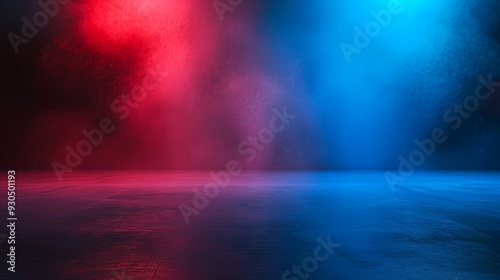 A dramatic scene with red and blue lighting effects creating an atmospheric backdrop.