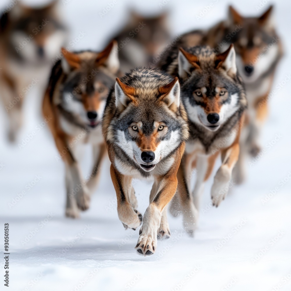A pack of wolves running through the snow, showcasing their strength and agility in a captivating nature scene. A pack of wolves running through the snow, showcasing their strength and agility in a captivating nature scene.