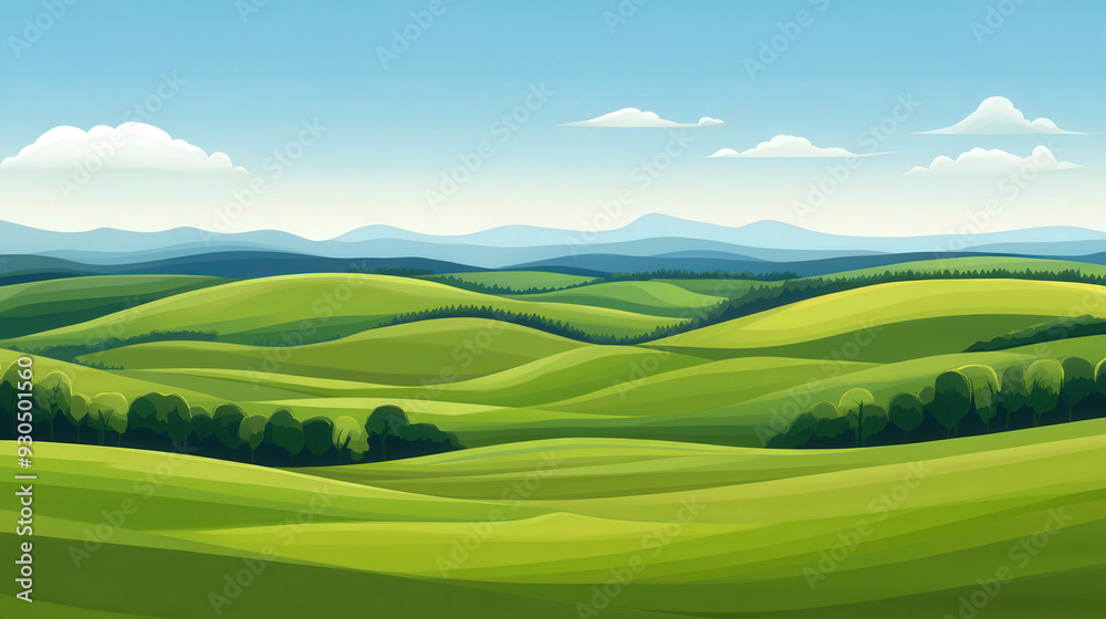 Verdant Meadows of the Countryside, a vibrant flat design illustration showcasing lush green fields and gentle rolling hills under a clear blue sky, evoking tranquility and nature's beauty Verdant Meadows of the Countryside, a vibrant flat design illustration showcasing lush green fields and gentle rolling hills under a clear blue sky, evoking tranquility and nature's beauty