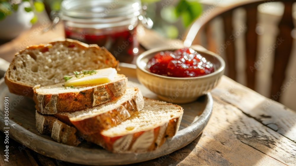 Freshly sliced sourdough bread with a side of butter and jam, ready for breakfast Freshly sliced sourdough bread with a side of butter and jam, ready for breakfast