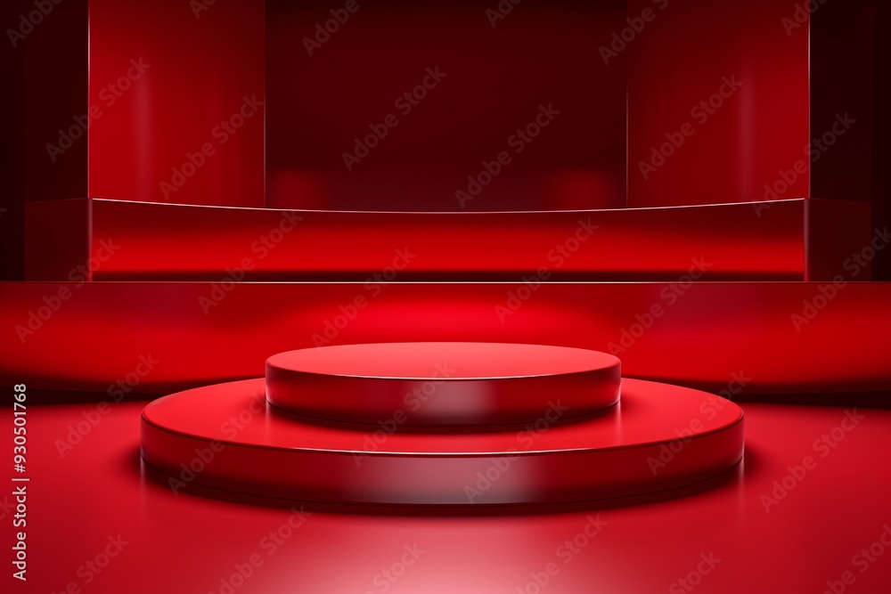 Obraz premium Red Podium Background, Red 3D Podium Stage, Podium Background, Product Display Stand, 3D Podium For Product Display, Cosmetic Podium, Empty Red Podium Pedestal, AI Generative