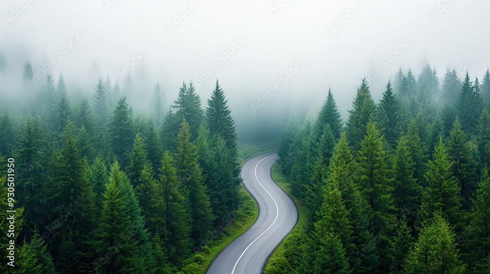 Winding Road Through Misty Pine Forest, A tranquil morning scene of a narrow road shrouded in soft mist, surrounded by towering pine trees, evoking a sense of mystery and calm Winding Road Through Misty Pine Forest, A tranquil morning scene of a narrow road shrouded in soft mist, surrounded by towering pine trees, evoking a sense of mystery and calm