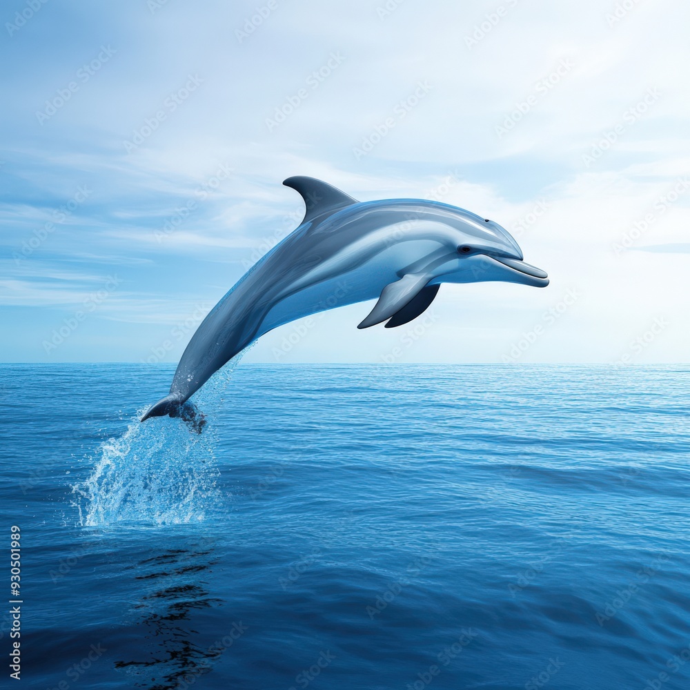 Fototapeta premium A playful dolphin leaps through the calm ocean waters under a bright blue sky, showcasing its grace and agility.